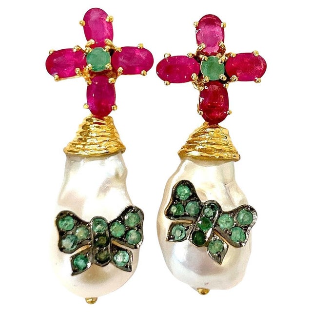 Bochic “Orient” Ruby, Emerald & South Sea Pearls Earrings In 18K Gold & Silver - a pair For Sale