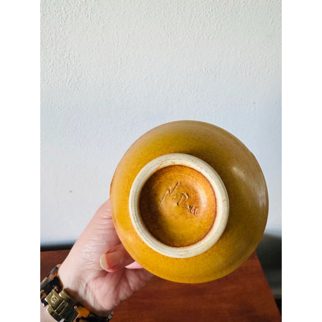 Late 20th Century Signed Mustard Yellow and Robins Egg Blue Studio Pottery Vessel For Sale - Image 5 of 8