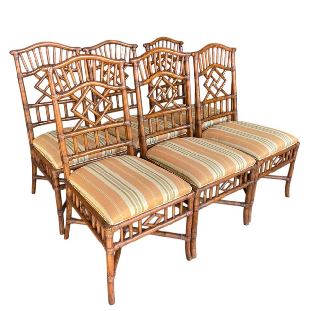 Chippendale Fretwork Rattan Dining Chairs by Lexington – Set of 6 | Naples Style, Palm Beach Regency For Sale - Image 3 of 12