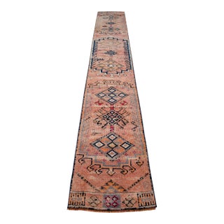 1960s Runner Turkish Hand-Knotted Rug Peach Hallway Decor Kitchen Floor Accent 2x13 Ft Approx For Sale