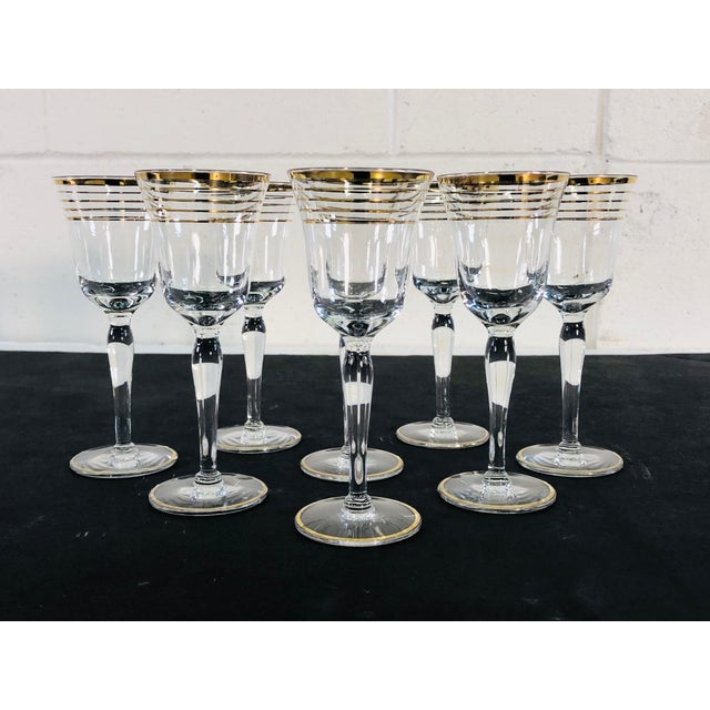 Vintage Art Deco set of 8 gold ring glass small stems. No marks.