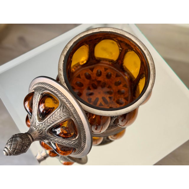 Metal Vintage Baroque Brass Caged Amber Blown Bubble Glass & Dome Lidded Apothecary Jar For Sale - Image 7 of 11