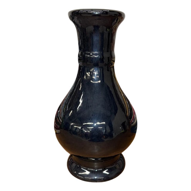 Dark Black Gloss Ceramic Vase with Baluster Silhouette For Sale