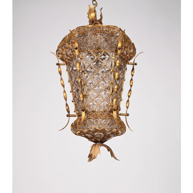 Mid-Century Venetian Mouth-Blown Glass Lantern in Gold Painted Metal Frame, 1940s For Sale - Image 15 of 18