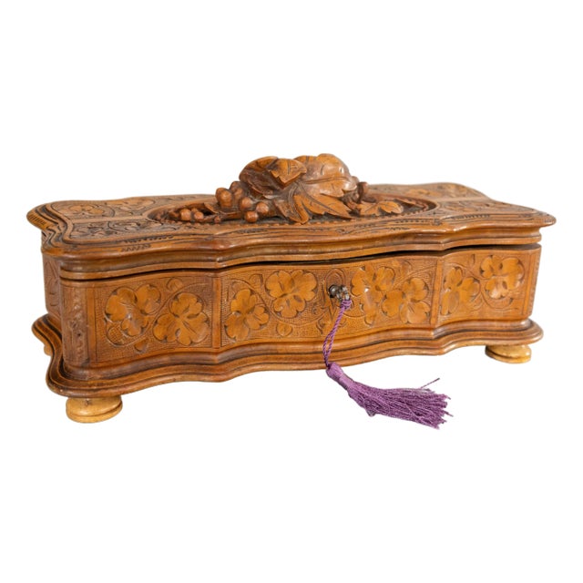 Antique 19th Century Swiss Black Forest Carved Box, Lock & Key For Sale