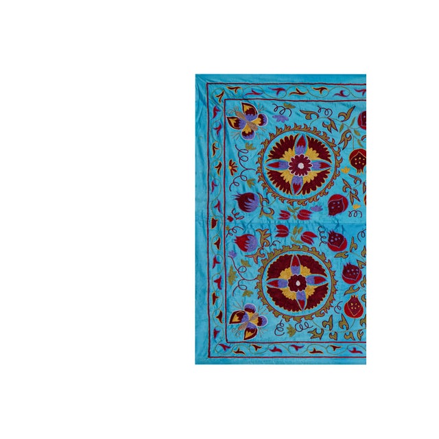 Mid-Century Modern Blue Uzbek Suzani Wall Art – Camel & Floral Motif Embroidery 3'4'' X 6'2'' For Sale - Image 3 of 13