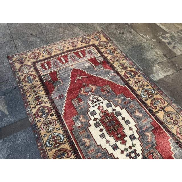 Art Deco 1960s Vintage Tribal Handmade Floral Wool Rug- 4′2″ × 8′5″ For Sale - Image 3 of 11