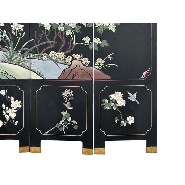 Chinese Chinese Black Base Color Flower Birds Graphic Floor Screen Divider For Sale - Image 3 of 16