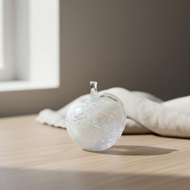 Late 20th Century Iridescent Art Glass Apple Paperweight-White Spatter Glass-Hand Blown-Sculpture For Sale - Image 5 of 8