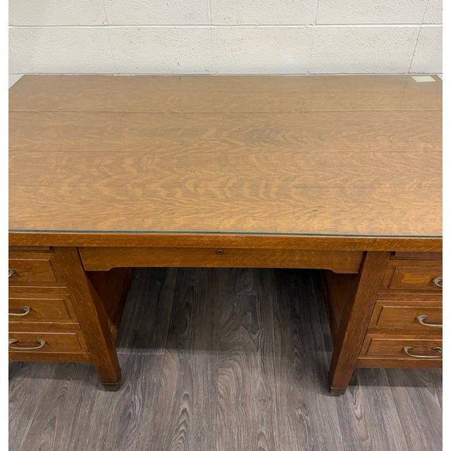 Antique American Arts & Crafts Mission Tiger Oak Executive Desk Partner Desk For Sale - Image 15 of 17