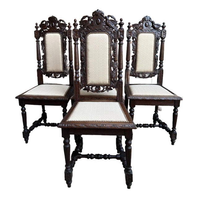 Set 4 Antique French Dining Chairs Renaissance Carved Oak Bird Black Forest For Sale