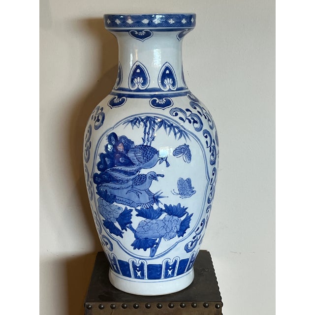 Late 20th Century Late 20th Century Large 19" Chinese Blue & White Porcelain Peacock Vase & Carved Wood Stand For Sale - Image 5 of 9