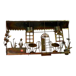 1960s Mid-Century Brutalist Style Torch-Cut Metal Café Patio Wall Sculpture With Copper Patin Curtis Jere Inspired