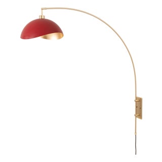 Luna Bella Wall Arc Lamp - Weathered Brass, Red/Gold Shade, Dimmable For Sale