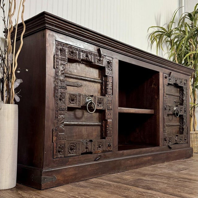 Gorgeous large-scale hand-carved solid wood sideboard / media console with incredible architectural character and tons of...