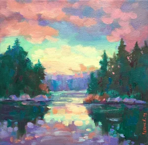 Original Landscape on Canvas Painting Montana Lake by Valeriya Serova