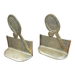 Vintage 1970's Brass Tennis Racket Net and Ball Bookends - a Pair For Sale