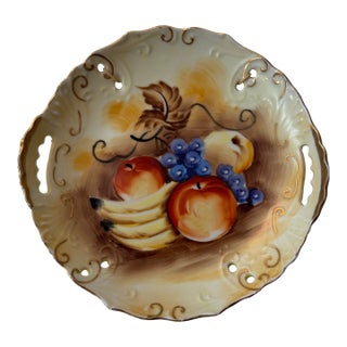 Vintage Japanese Hand-Painted Porcelain Fruit Bowl With Pierced Handles For Sale