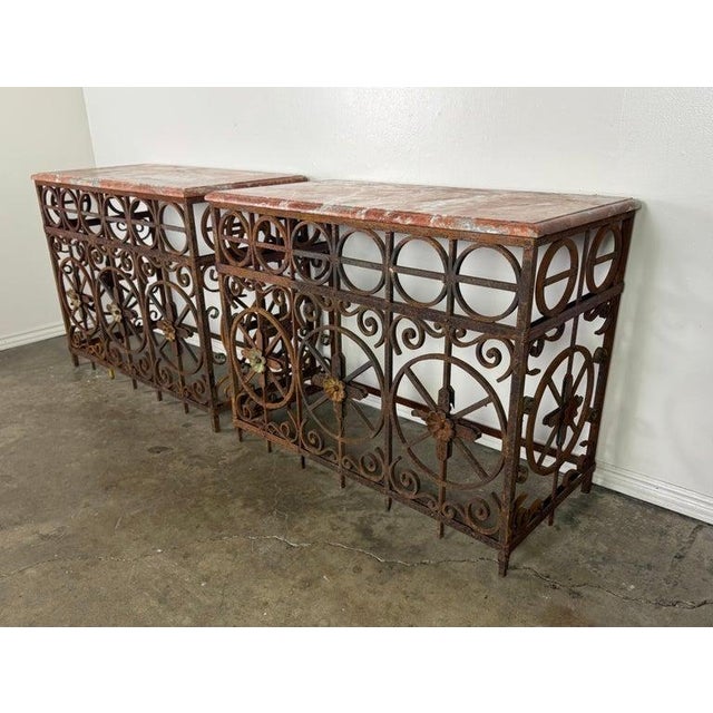 Italian Pair of Italian Wrought Iron Consoles With Rosso Verona Marble Tops For Sale - Image 3 of 18
