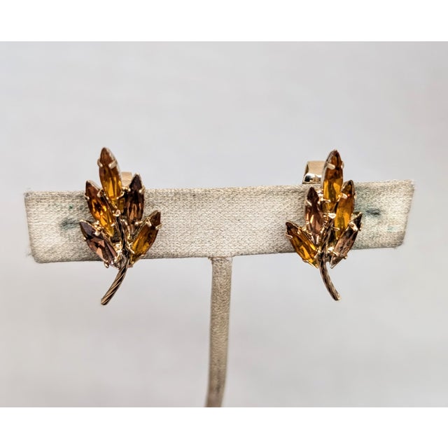 Orange Vintage 1960s Signed Napier Faux-Topaz & Faux-Citrine Leaf Clip Earrings - 2 Pieces For Sale - Image 8 of 9