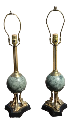 Brass and Marble Sculptural Dolphin Table Lamp - a Pair