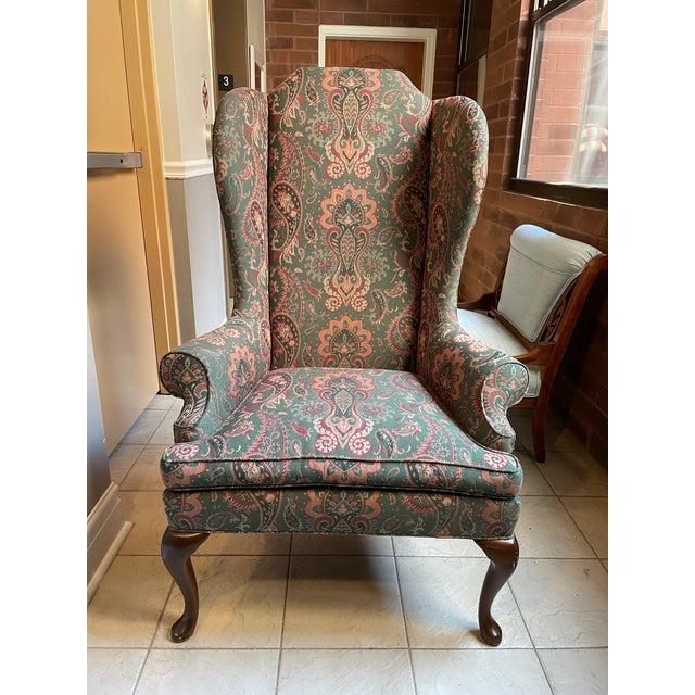 Classic old-money Upper East Side energy with this dramatic MASSIVE size vintage wingback chair upholstered in a rich...