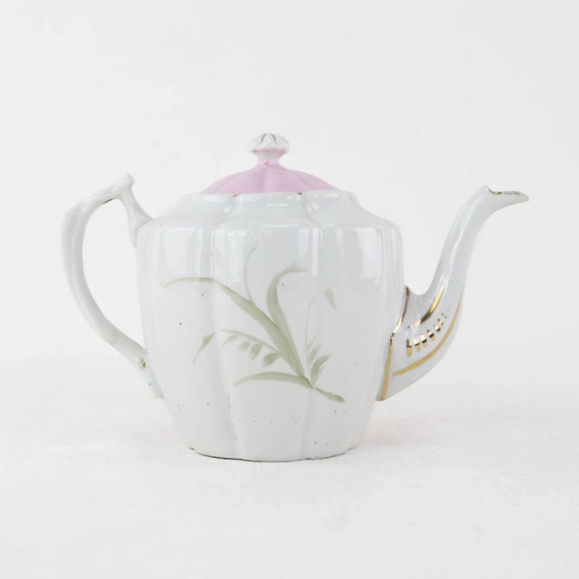 Early 20th Century Vintage Pink Floral Teapot With Yellow Blossoms and Green Leaves – Hand-Painted Porcelain Teapot, Collectible Art Deco Style For Sale - Image 5 of 11