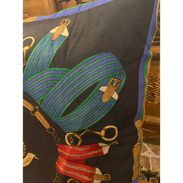 Customer designer oversize throw pillow with Ralph Lauren wool scarf face in an equestrian motif with subtle silver...