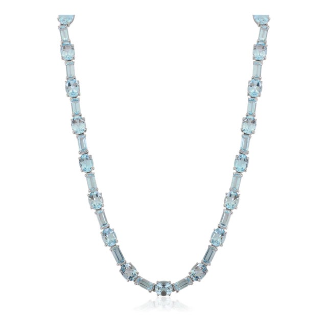 Timeless 16 Inches Wedding Necklace With Oval and Baguette Cut Blue Topaz For Sale
