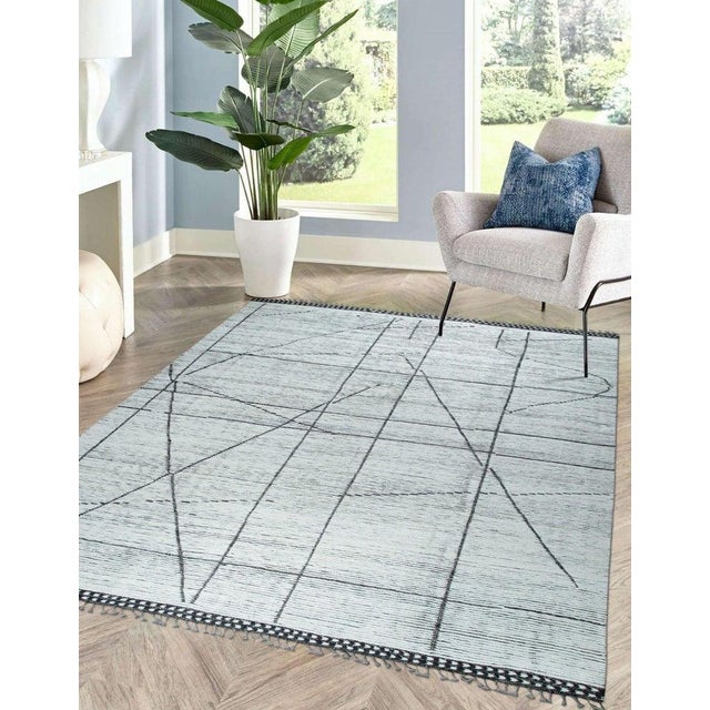 Textile 9x12 Ivory Hand-Knotted Wool Striated Linear Design Tribal Modern Carpet Rug For Sale - Image 7 of 8
