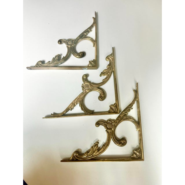 Antique Brass Ornate Victorian Leaf 6" X 8" Cistern & Shelf Brackets - Set of 3 For Sale In Raleigh - Image 6 of 12
