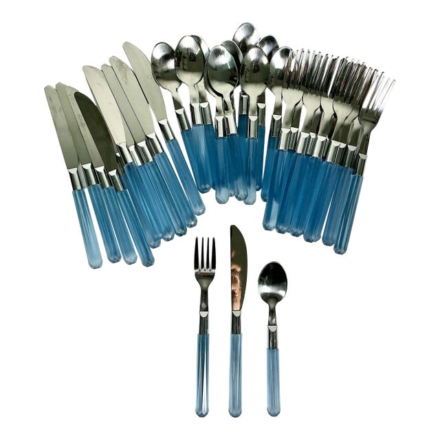 1980s Vintage Boho Chic French Blue Lucite Flatware With 18/10 Stainless Steel - Set of 33. For Sale