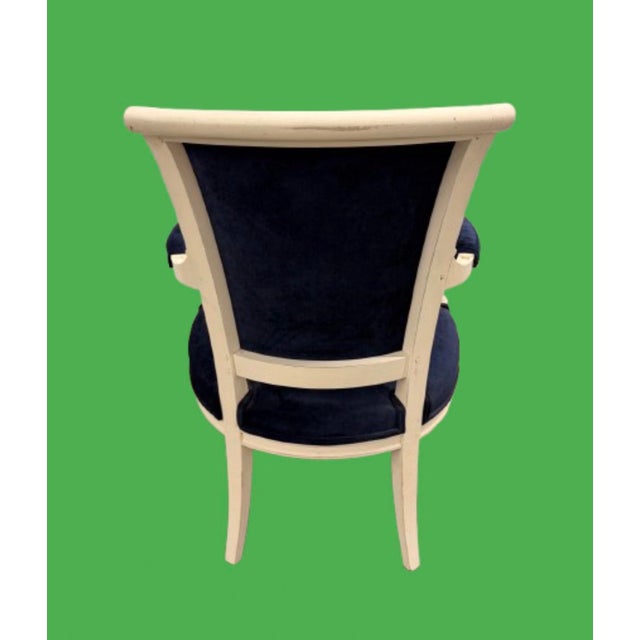 Hollywood Regency Vintage Classic French “ Petite “ Louis XVI Style Armchairs Featuring Deep Navy Blue Velvet Upholstery - A Pair For Sale - Image 4 of 12