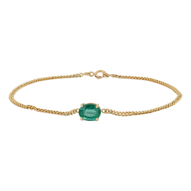 1.53ct Oval Prong Set Emerald Solitaire Chain Bracelet in 14k Yellow Gold For Sale