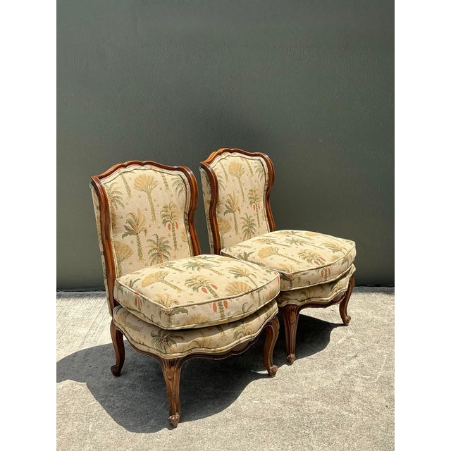 Vintage Palm Print Fabric Slipper Chairs - Pair For Sale - Image 10 of 12