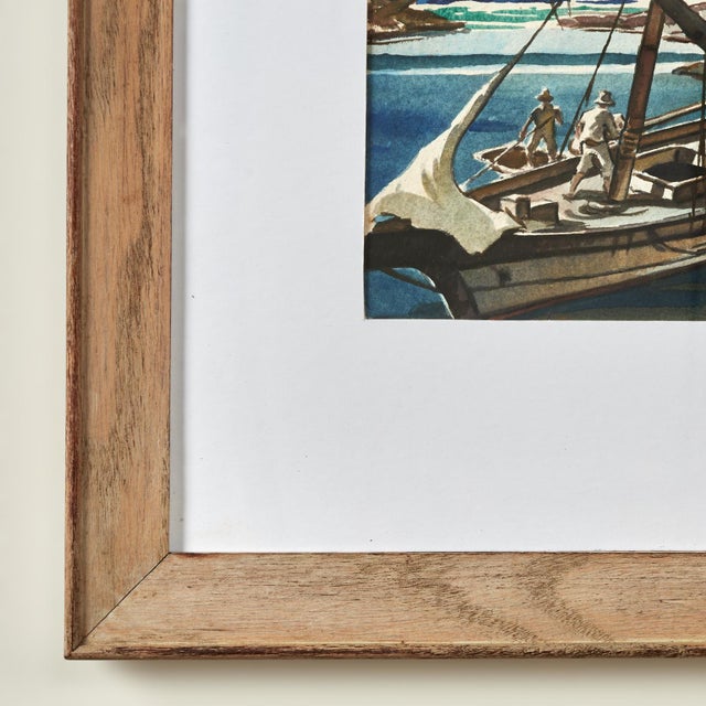 Mid 20th Century Vintage Tropical Watercolor With Boat For Sale - Image 5 of 8