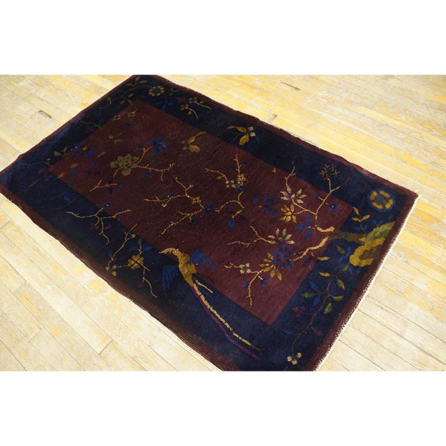 1920s 1920s Purple Bold Tree Bird of Paradise Pattern Small Antique Chinese Deco Rug For Sale - Image 5 of 7