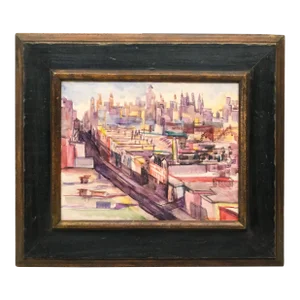1930's Watercolor Painting of New York City Skyline With Skyscrapers and Hudson River Docks