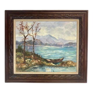 1969 Impressionist Original Oil Painting, Wood Row Boat on a Lake, by Frankie Enberlin For Sale