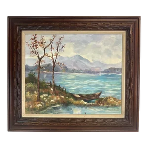 1969 Impressionist Original Oil Painting, Wood Row Boat on a Lake, by Frankie Enberlin