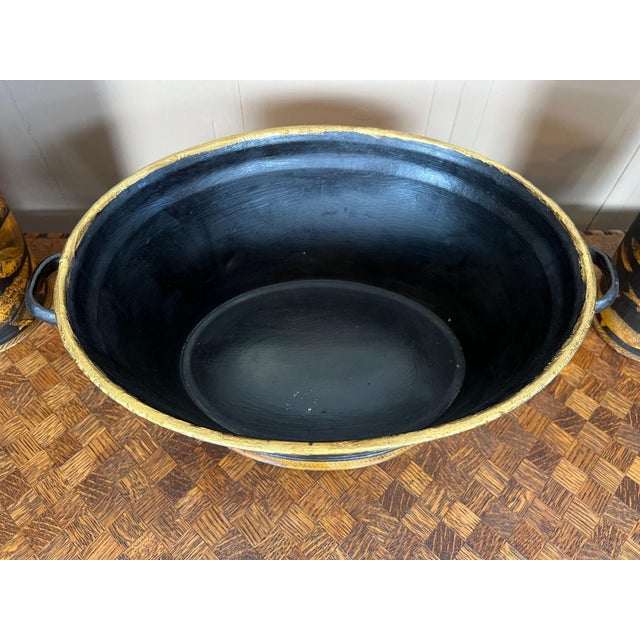 Antique English Planter Jardiniere Horse Equine Black Decoupage Tole Metal C1900 For Sale - Image 16 of 18