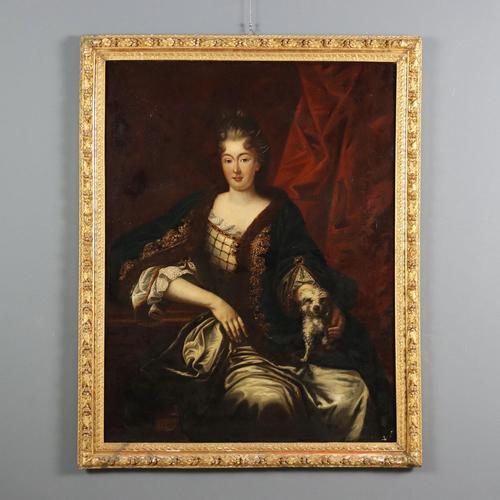 French School Artist, Portrait of a Noblewoman with a Puppy, 1700s, Oil Painting, Framed For Sale - Image 12 of 12
