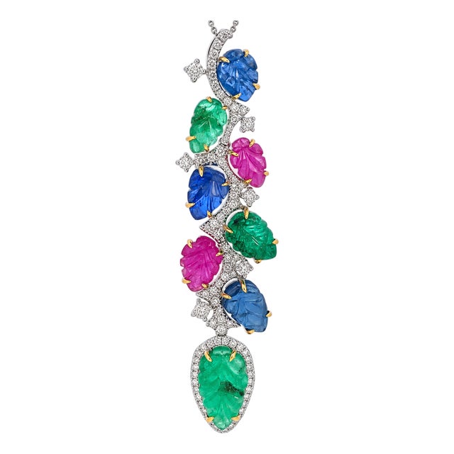 1960s Art Deco 18k Gold Tutti Frutti Pendant Necklace With Gemstones For Sale