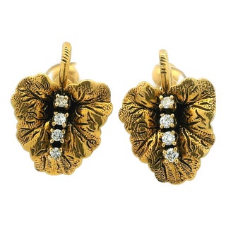 Vintage 14k Gold Diamond Leaf Earrings, American Mid-Century Screw Back Clips, A Pair For Sale