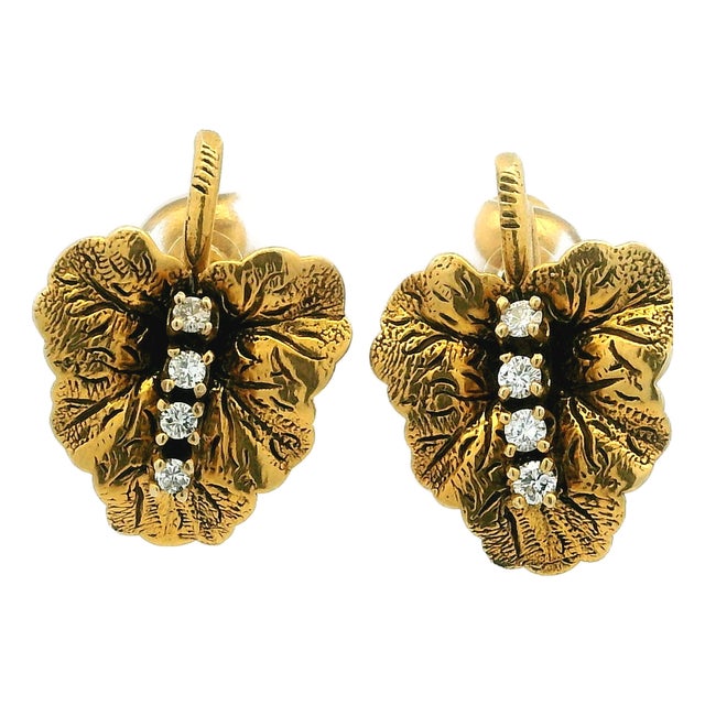 Vintage 14k Gold Diamond Leaf Earrings, American Mid-Century Screw Back Clips, A Pair For Sale