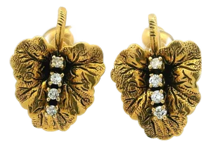 Vintage 14k Gold Diamond Leaf Earrings, American Mid-Century Screw Back Clips, A Pair