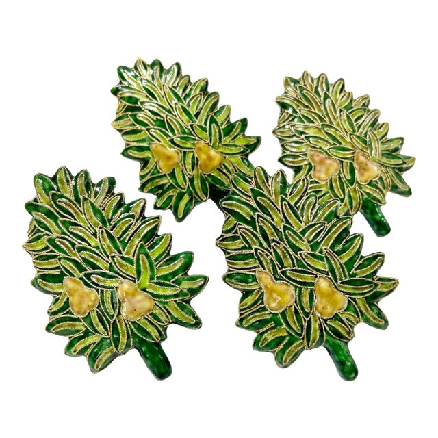 Vintage Cloisonné Christmas Tree Napkin Rings With Golden Pears, Set of 4 For Sale