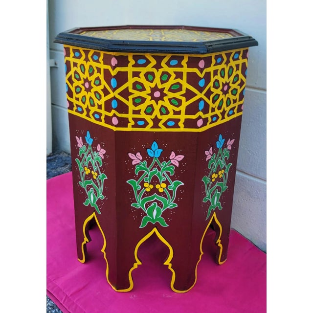 Moroccan Moroccan Hand Painted Octagonal Wooden Side Table / Maroon Zouak For Sale - Image 3 of 6
