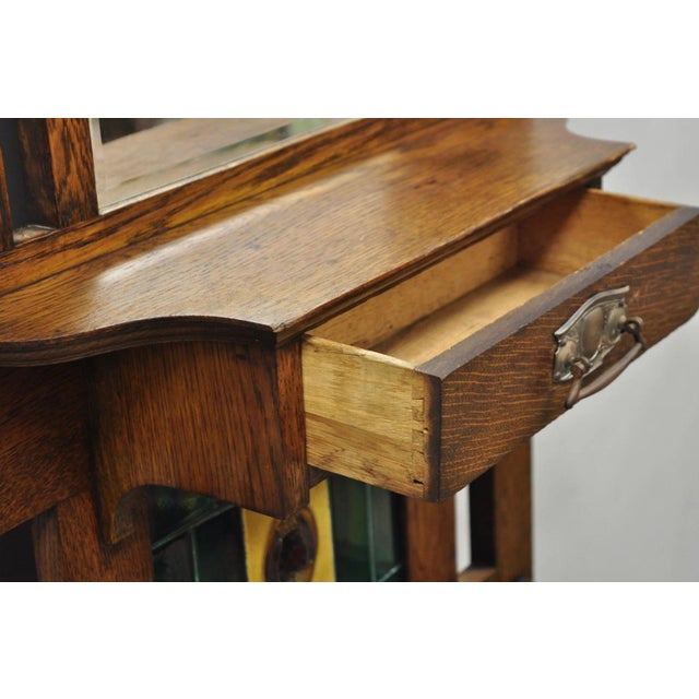 Antique English Art Nouveau Oak & Green Tile Coat Rack Umbrella Stand Hall Tree For Sale - Image 11 of 18