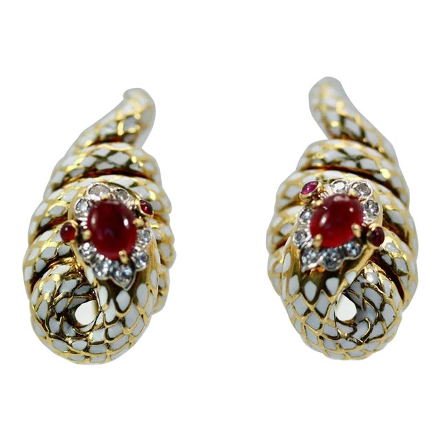 David Webb Enamel Ruby Diamond Snake Serpenti Earrings - 2 Pieces For Sale